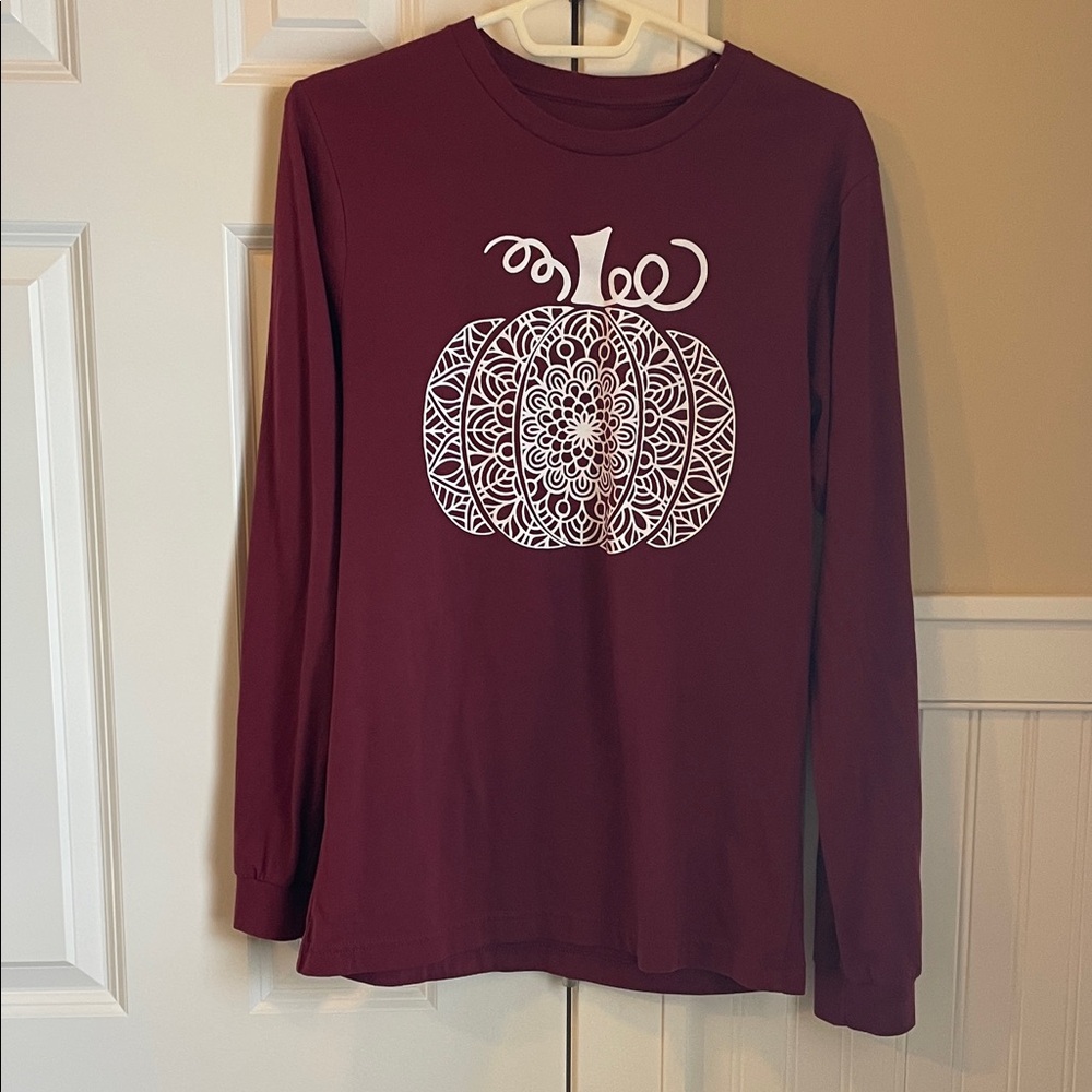 Burgundy Long Sleeve Shirt with White Pumpkin Design, size medium